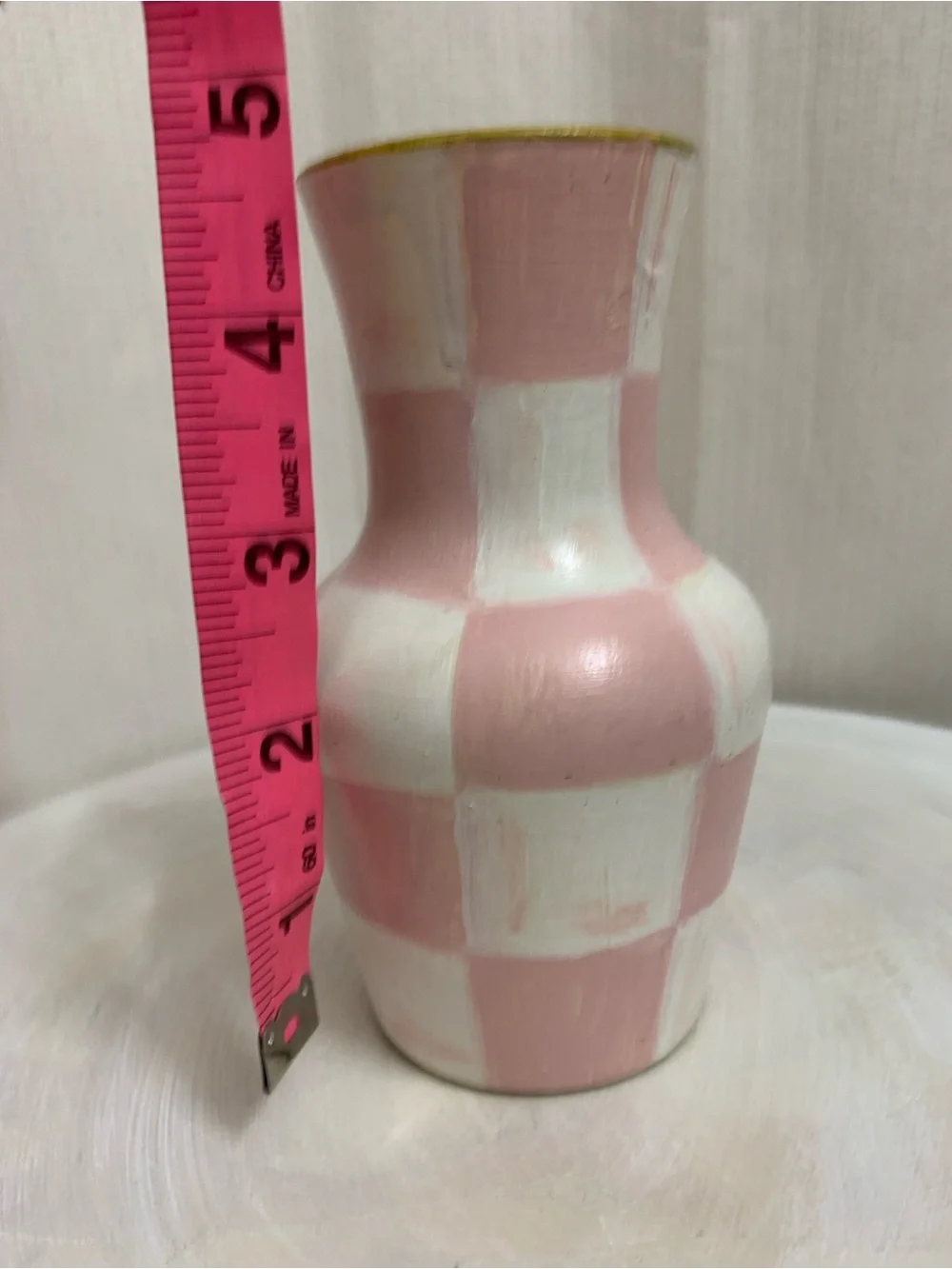 Ceramic Bud Vase Hand Painted Pink and White Rosy Check Design